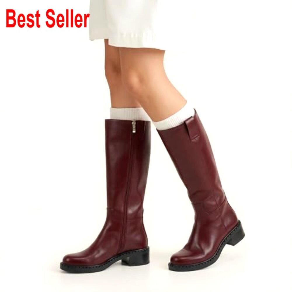 Faux Leather Knee High Boots Low Chunky Heel Round Toe Side Zipper - Picture 2 of 7